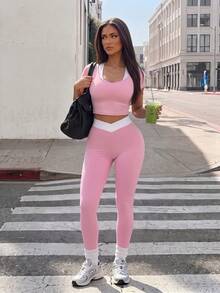 Zolique Women's Colorblock Asymmetric Waist Casual Sports Leggings - Pink - View 5