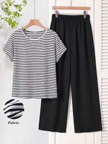 Rusticease Elegant Grandma Granny Party Mother Autumn Outfit For Women Summer White Round Neck Short Sleeve T-Shirt And Wide Leg Pants Casual 2 Pieces Set - Black and White - View 1