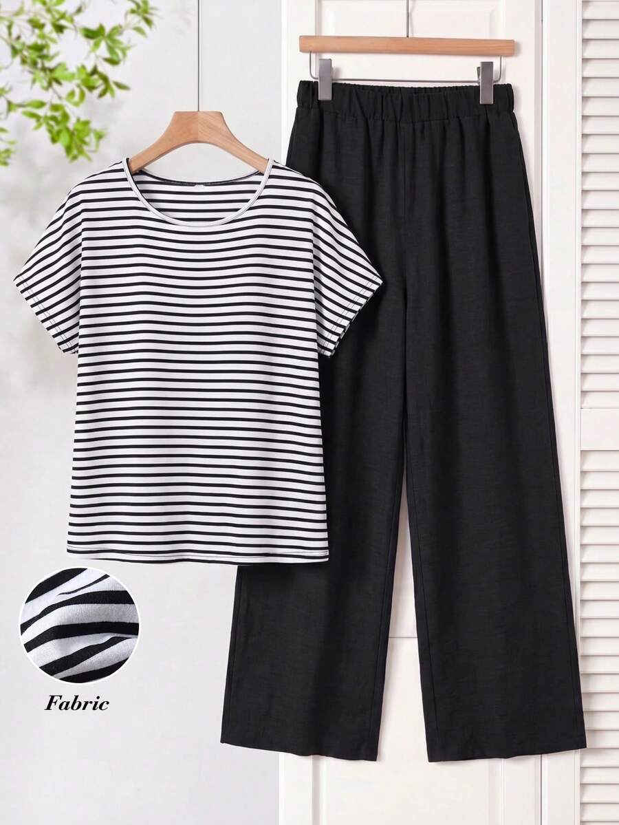 Rusticease Elegant Grandma Granny Party Mother Autumn Outfit For Women Summer White Round Neck Short Sleeve T-Shirt And Wide Leg Pants Casual 2 Pieces Set - Black and White - View 1