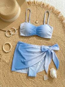 Livesso Women's Summer Beach Gradient Color Ruched Sexy Fashion Bikini Two-Piece Swimwear Set - Blue - View 5