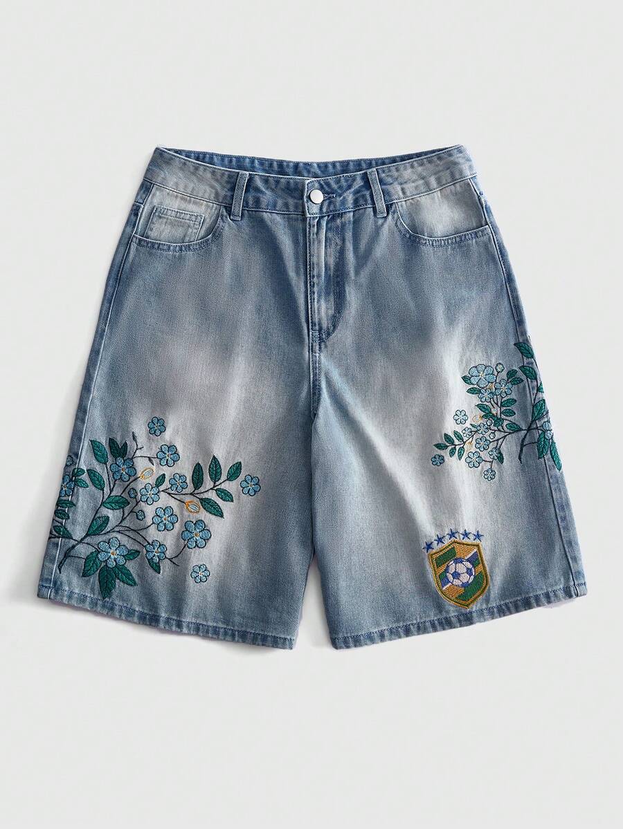 ROMWE MEN Men's World Cup Embroidered Pattern Loose Denim Shorts Brazil - Blue - View 1