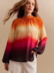 CielaLinda Kemeja Wanita Lengan Panjang Motif Gradien Tie-Dye dengan Belahan Belakang - MultiWarna - View 3