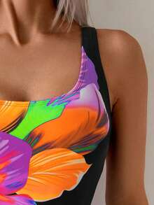 SHEIN Swim 1pc Women's Elegant Floral Print Scoop Neck One-Piece Swimsuit With High Neckline For Summer Beach Vacation - Multicolor - View 5