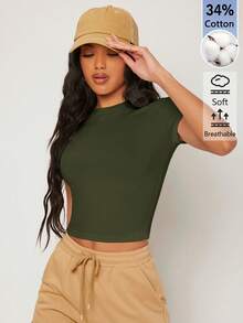 SHEIN BASICS 女款純色休閒圓領短袖短版T恤上衣 白色上衣 - 軍綠色 - 查看 8