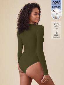 SHEIN BASICS 女款純色圓領休閒日常長袖連身衣 - 軍綠色 - 查看 5