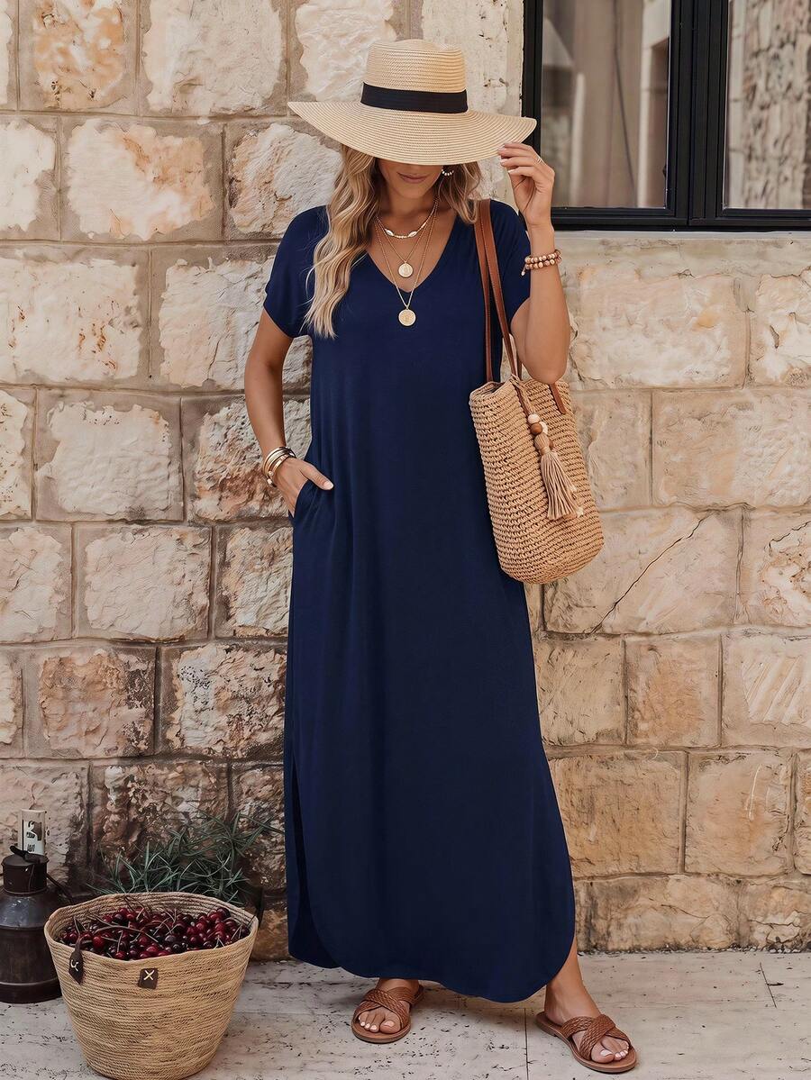 EMERY ROSE Vestido corto de manga corta con borde curvo y unicolor casual para mujer, para verano - Azul Marino - Ver 1
