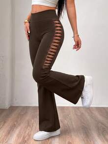 SHEIN Sports Women's Solid Color High Waist Ruched Hip Flared Butt Lifting Leggings - Brown - View 3