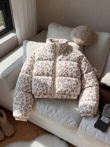 SHEIN 少女黑色與白色豹紋印花棉絨長袖加厚外套，秋冬校園可愛酷女孩風 - 彩色 - 查看 3