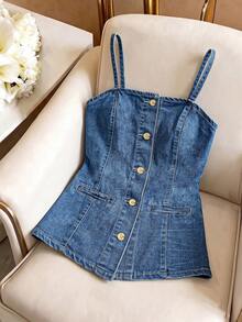 Qadelle Atasan Camisole Denim Kasual Wanita Kancing Tunggal - Biru - View 2