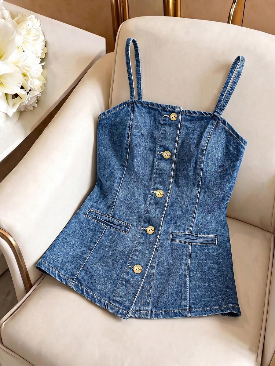 Qadelle Atasan Camisole Denim Kasual Wanita Kancing Tunggal
