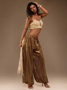 TypaGal Women's Solid Color Casual Versatile Daily Wear Wide Leg Long Pants - Gold - View 4