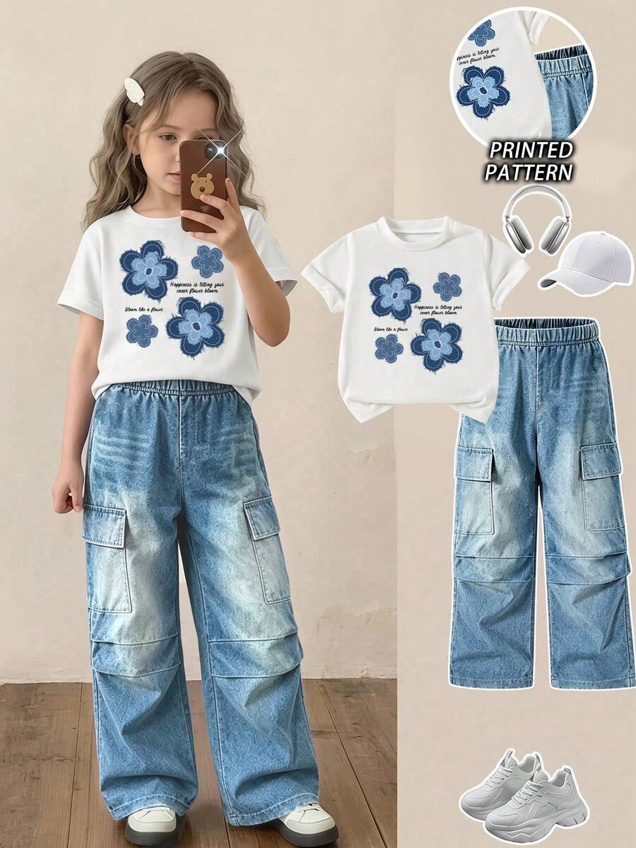 SHEIN 2件組女孩街頭風花卉印花圓領短袖T恤與數位印花寬腿工裝褲,適合日常穿著、上學、戶外活動及四季穿搭 - 彩色 - 查看 1
