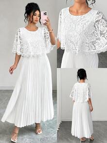 SHEIN Clasi 新款大尺碼優雅白色蕾絲網格拼接蕾絲飾邊荷葉邊A字版型百褶洋裝，適合生日、度假、春夏季、正式女裝、晚禮服、蕾絲洋裝、婚紗、浪漫洋裝、婚禮賓客荷葉邊洋裝、白色洋裝、優雅長版派對洋裝、女款婚禮賓客洋裝、伴娘洋裝及女裝時尚 - 白色 - 查看 4