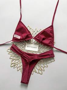 Swim Mod 女款兩件式亮片刺繡三角綁帶上衣與抓皺比基尼泳褲泳衣套裝，夏季海灘女孩泳裝 - 酒紅色 - 查看 2