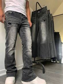 Manfinity Roghcode Men's American Vintage Niche Washed Horseshoe Denim Jeans Slim Fit Stretch Flared Leg Long Pants - Black - View 1