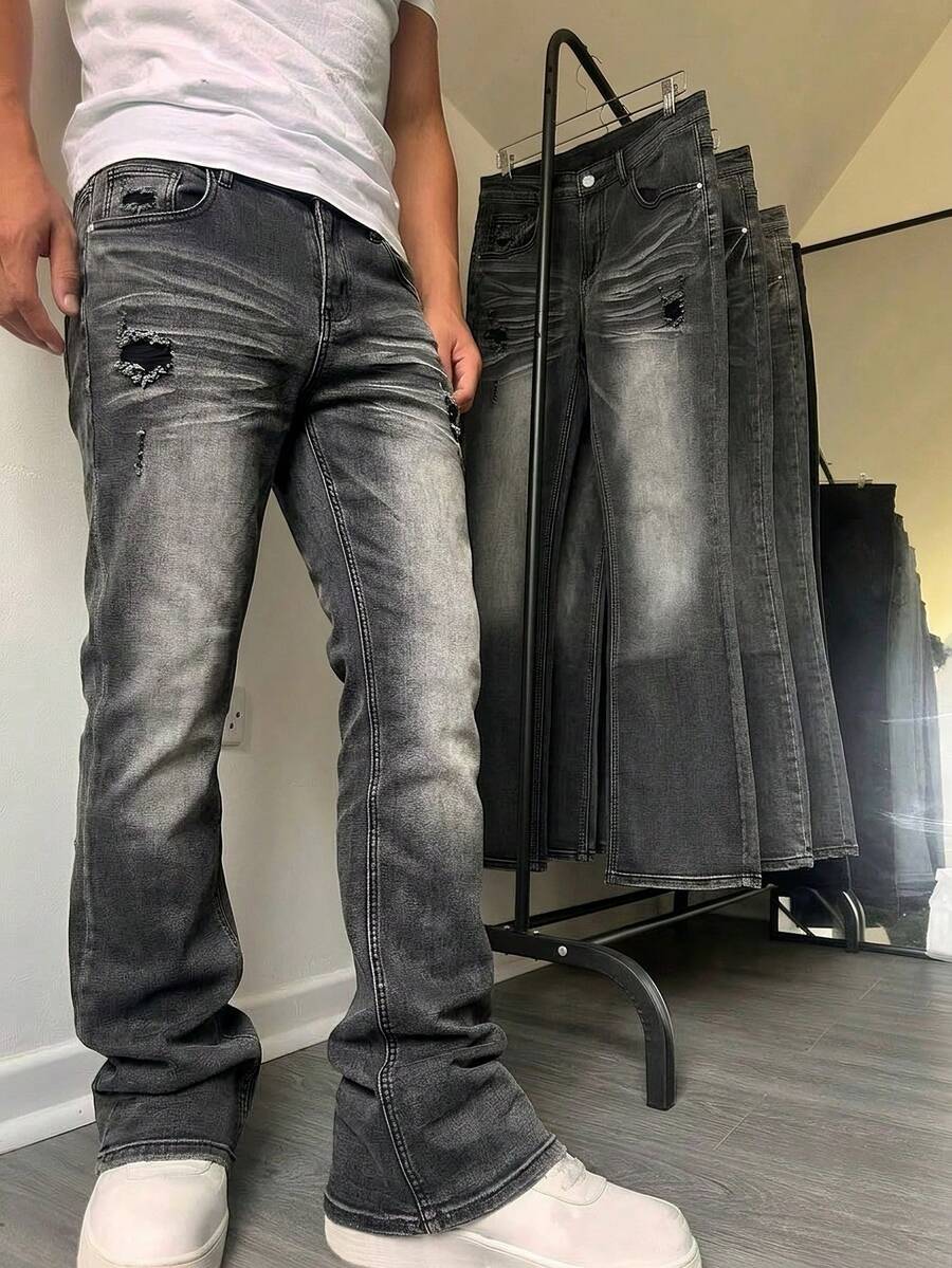 Manfinity Roghcode Men's American Vintage Niche Washed Horseshoe Denim Jeans Slim Fit Stretch Flared Leg Long Pants - Black - View 1