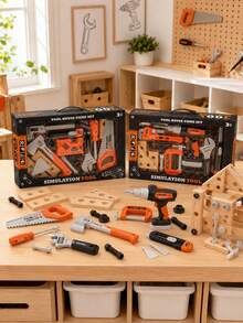 MINKOJA 16Pcs & 17Pcs Simulation Building Tool Set, Role-Playing Hardware Set, Including Drills, Saws, Wrenches, Wooden Blocks And Building Models, Suitable For DIY Assembly Role-Playing Game Toys. - Multicolor - View 7