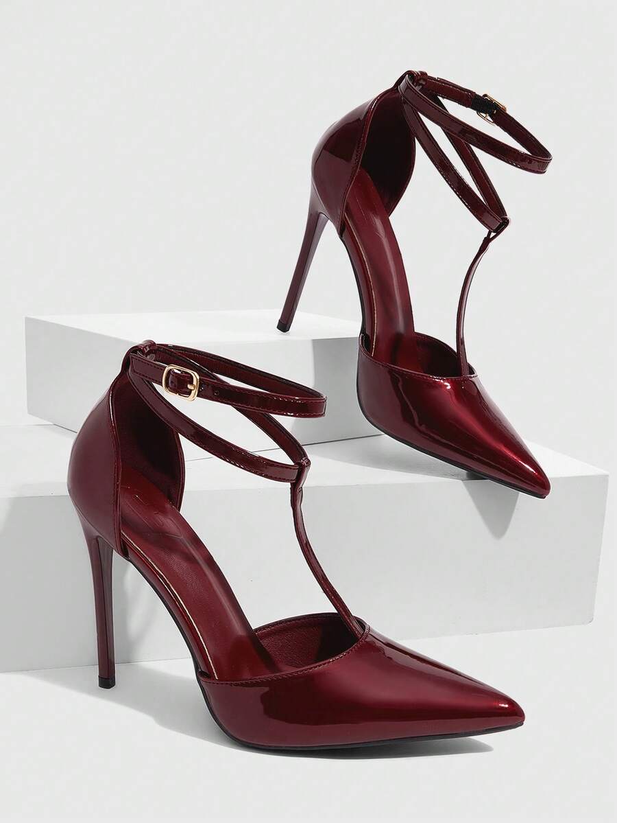 CUCCOO SZL 女款酒紅色尖頭細高跟踝帶高跟鞋 時尚性感晚餐派對鏤空秋季女鞋 - 鏡面酒紅225B~@ - 查看 1