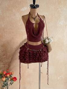 Soleia Women's Spring/Summer Romantic Tropical Boho Vacation 2 Pieces Set: Draped Neck Crochet Tank Top, Steel Bead Tassel Decor + Multi-Layer Ruffle Skirt - Burgundy - View 2