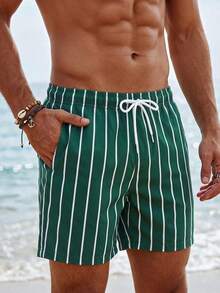 Manfinity EZcore Summer Plus Size Men's Striped Print Slant Pocket Drawstring Waist Casual Beach Shorts Holiday / Vacation / Beach / Hawaii / Tropical / Swim /  Bathing - Olive Green - View 1