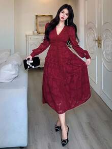 Dazy Tall Women's Deep V-Neck Long Sleeve Cinched Waist Lace Fabric Red Dress Fall - Red - View 6