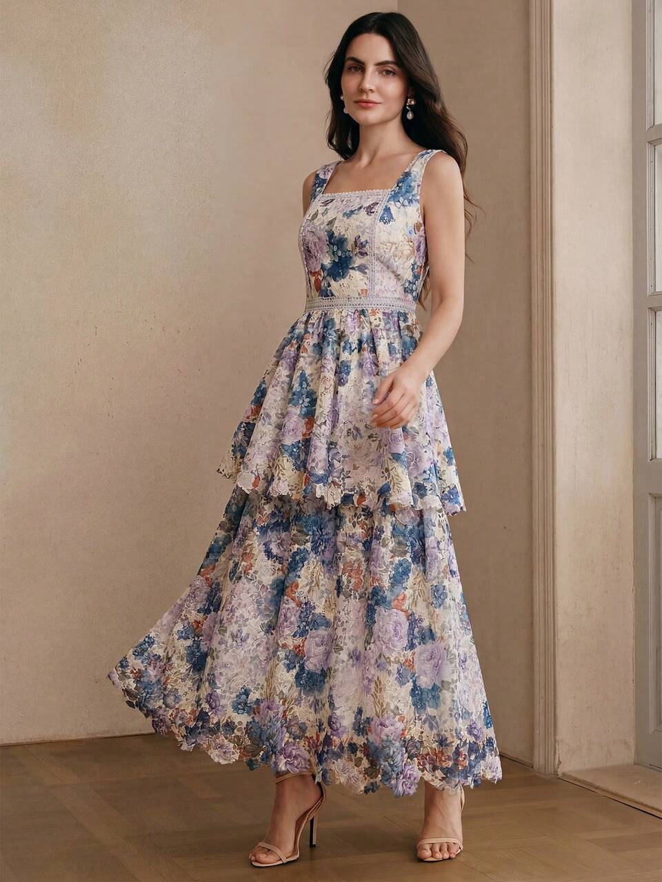 Anewsta Summer Square Neck Sleeveless Waist Cinched Dress,Water-Soluble Lace Floral Print Tiered Hem,Elegant & Graceful Off White Wedding Bridal Party