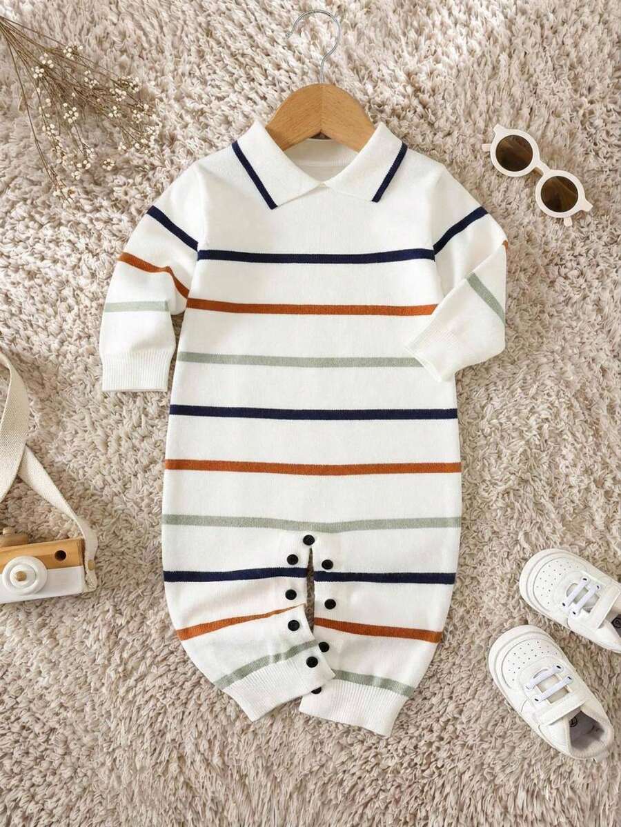 SHEIN Baby Boy Colorful Striped Collared Long Sleeve Knitted Romper Pants, Versatile And Comfortable - Multicolor - View 1