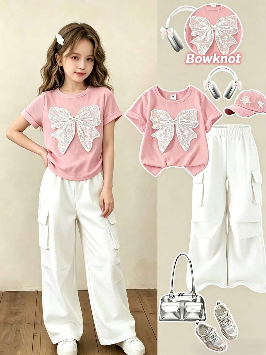 SHEIN Elladie kids Tween女孩2件套套裝，可愛蕾絲蝴蝶結羅紋T恤搭配白色工裝褲，夏季返校休閒Y2K街頭風套裝，青少年校園服飾8-16Y