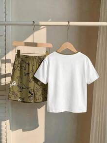 Young Boy Casual Minimalist Cartoon Pattern Short Sleeve T-Shirt And Shorts Loungewear, Suitable For Spring And Summer, Classic Handsome Bear Graphic Print, Slim Fit - Multicolor - View 3