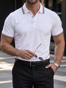 Manfinity Mode Men Striped Print Button Casual Short Sleeve Polo Formal Shirt, Ceremony - White - View 3