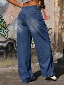 Muchica Jeans de mezclilla casuales holgados de pierna ancha con doble cintura y bolsillos para mujer, ropa de otoño, pantalones de maestra - Azul - Ver 6