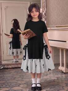 SHEIN 兒童青少年女孩休閒學院風寬鬆落肩中袖黑白條紋拼接 3D 緞帶蝴蝶結裝飾針織與梭織連身裙 返校季 - 黑與白 - 查看 7