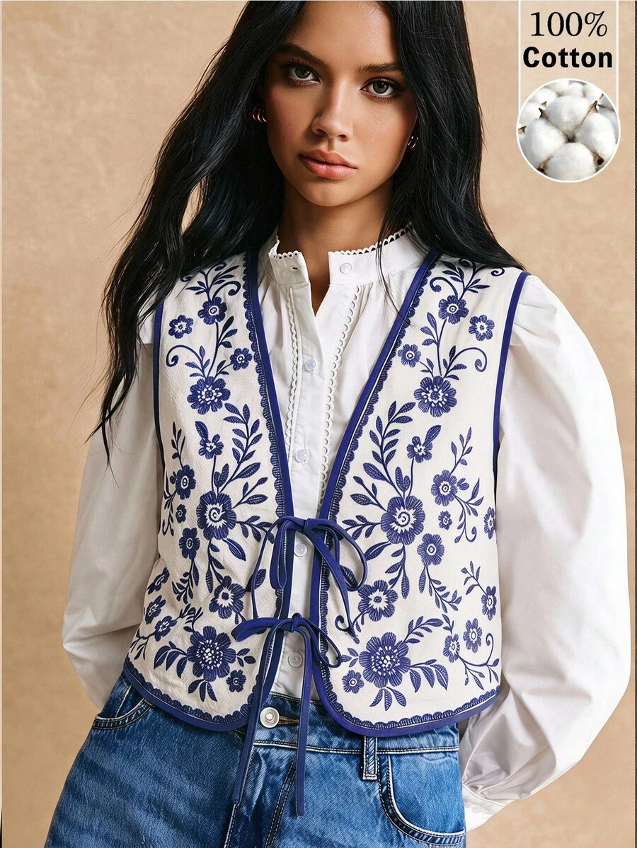 Poéselle 女款花卉刺繡前綁帶度假背心