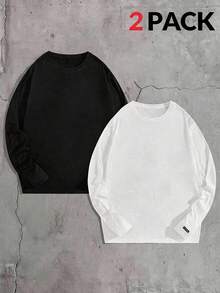 Mainfolk Men's Solid Color Minimalist Casual Crew Neck Long Sleeve Knit T-Shirt, Couple Things, Vacation, Father's Day Gifts, Football - Black and White - View 1