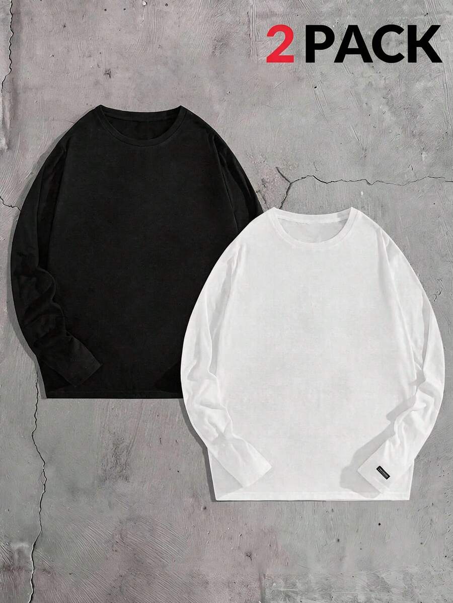 Mainfolk Men's Solid Color Minimalist Casual Crew Neck Long Sleeve Knit T-Shirt, Couple Things, Vacation, Father's Day Gifts, Football - Black and White - View 1