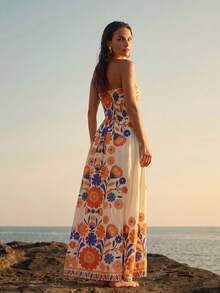 Swim Chiccia Bohemian Tropical Boho Floral Print Backless Halter Neck Women's Vacation Dress White Floral Summer - Multicolor - View 2