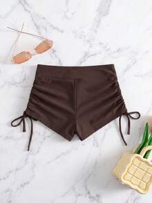 SHEIN Swim 女款抽繩抓皺短褲泳裝下身，適合海灘度假 - 棕色 - 查看 2