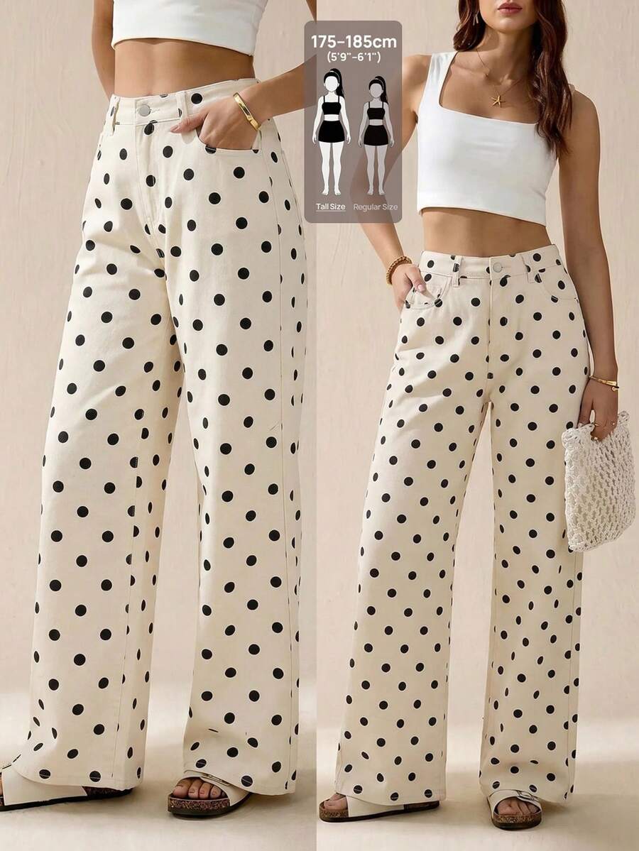 SHEIN Tall 女款波點圖案口袋寬腿寬鬆休閒牛仔褲