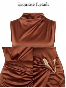 SOLERSUN Women's Solid Color Stand Collar Metal Decor Asymmetric Hem Sleeveless Fashion Dress - Brown - View 10