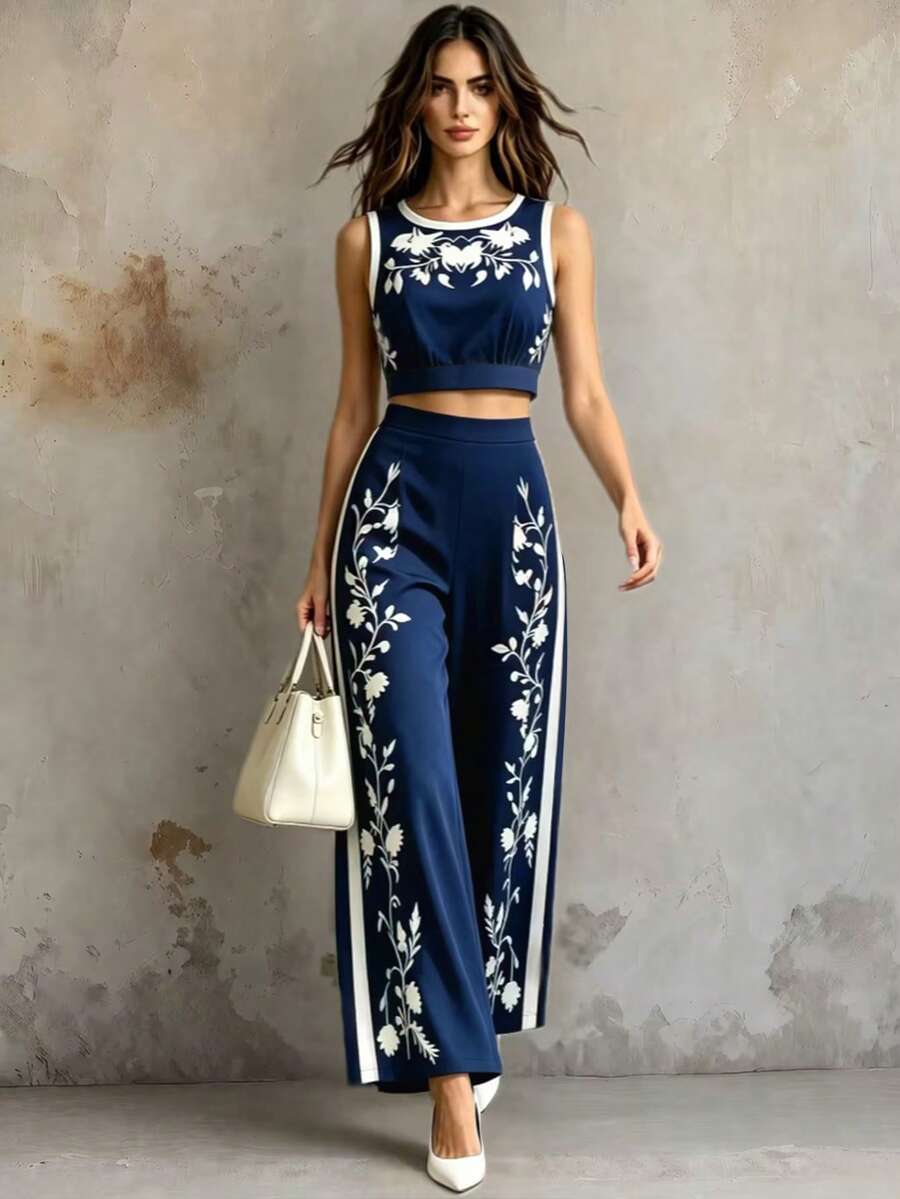 Franclia 女士夏季度假印花吊带背心和阔腿裤两件套,宽松版型,适合通勤、日常穿着,优雅风格 - 藏蓝色 - 查看 1