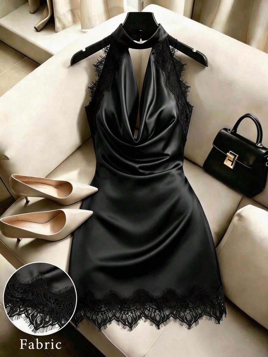 SHEIN Franclia Black Satin Halter-Neck Halter-Top A-Line Short Dress. Lace-Embroidered Sophisticated Business Casual Sexy Dress. Luxurious Party Night Out Summer - Black - View 1