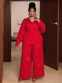Maweii Plus Size Elegant Low-Key Mature Style Red 2 Pieces Set With Subtle Glitter And Starry Sparkle, Luxury Festive Red Outfit - Red - View 6