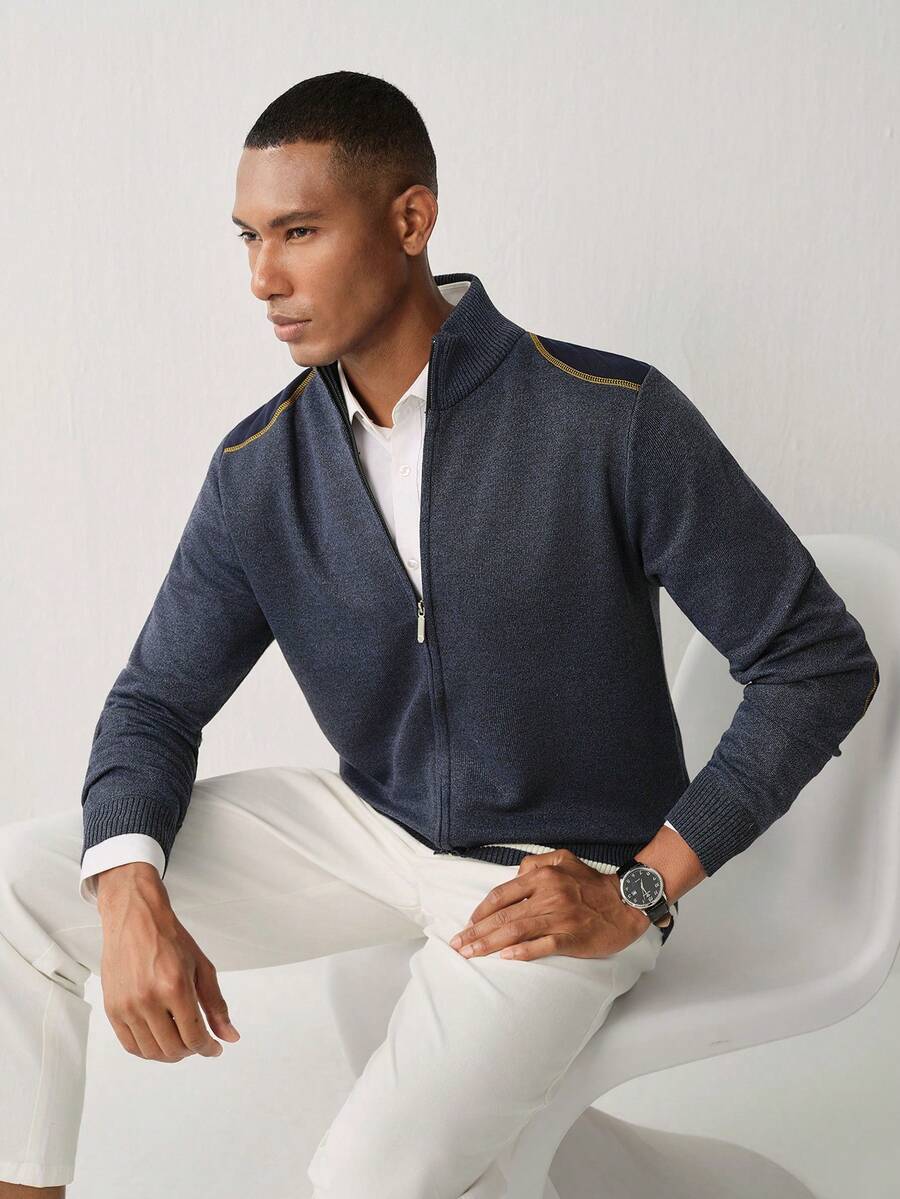 Manfinity CityGents Men's Knitted Cardigan With Patchwork Detail Office Vacation Navy Blue Autumn Casual Basic - Navy Blue - View 1