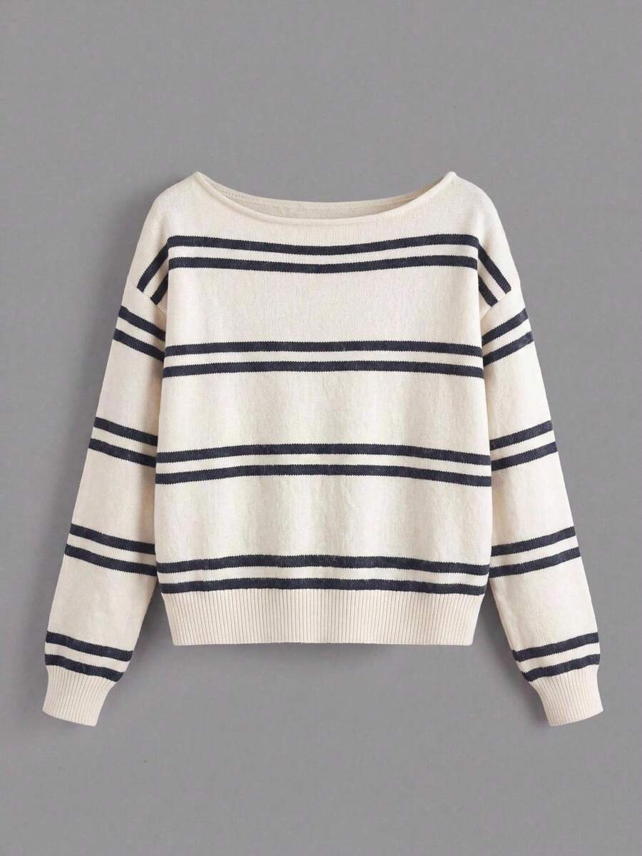 SHEIN BASICS 女款條紋落肩長袖休閒毛衣 - 彩色 - 查看 1