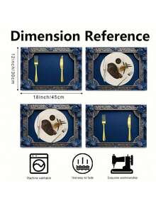 1/4/6pcs Blue Floral Linen Placemat 12x18 Inch With Geometric Border Design For Dining Room Kitchen Table Decor Party Banquet Wedding Christmas Holiday Dinner Home Entertaining Gift For Housewarming Anniversary Celebration - Multicolor - View 6
