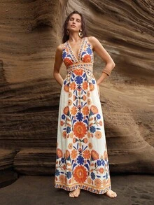 Swim Chiccia Bohemian Tropical Boho Floral Print Backless Halter Neck Women's Vacation Dress White Floral Summer - Multicolor - View 3