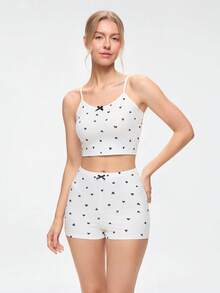 Bonmuse Heart Print Bow Front Cami Top & Shorts PJ Set / Pajama Setfor Summer - Multicolor - View 4