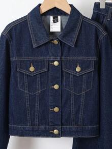 SHEIN Teen Girls Deep Blue Denim Short Shirt & Loose Long Pants 2pcs Set Pair With A White Shirt - Blue - View 5