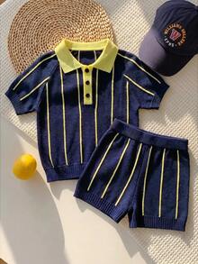 SHEIN 2件/套 嬰兒男孩嬰兒女孩夏季休閒黃色條紋 Polo 套裝，針織套裝，羊毛套裝，涼感套裝，嬰兒男孩套裝 - 彩色 - 查看 1