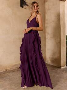Enchnt Vestido Romántico de Vacaciones con Dobladillo de Volantes Largos, Plisado y Espalda Descubierta - Morado - Ver 5